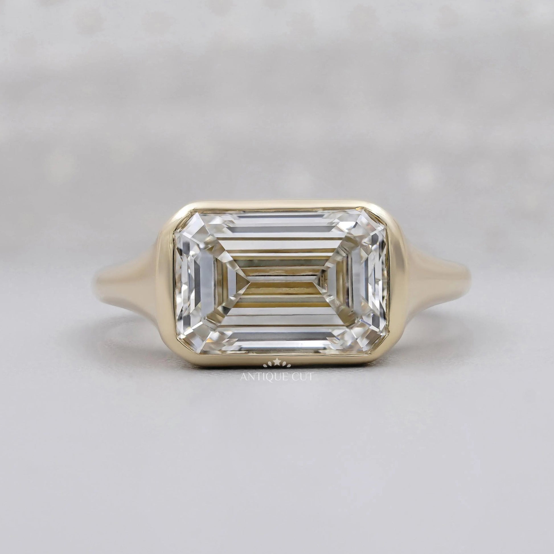 Emerald Cut Lab Grown Diamond Signet Ring With East West Bezel Setting in Yellow Gold