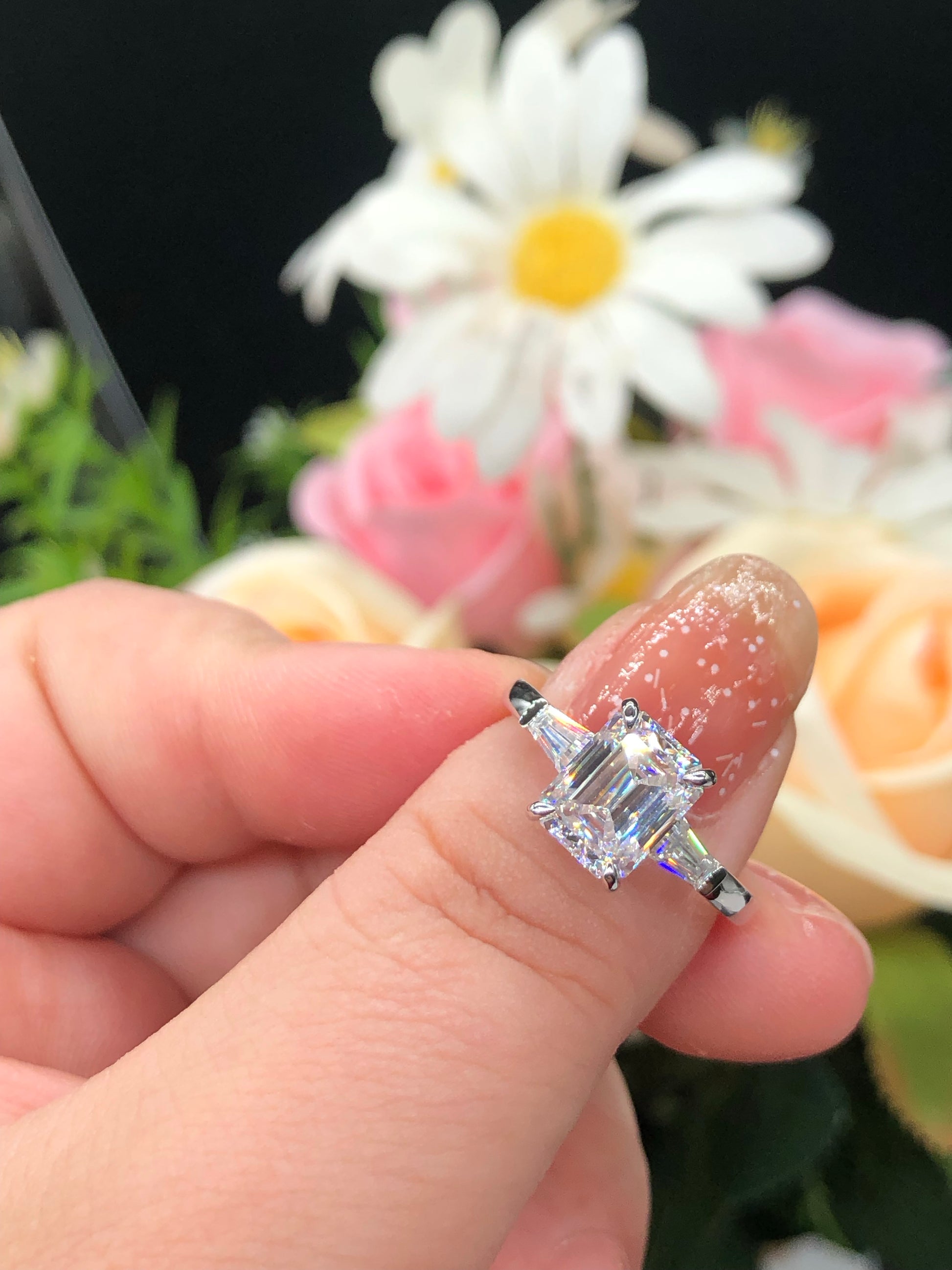 3.5tcw Emerald Lab Diamond Three Stone Engagement Ring | 3ct Center | IGI Certified