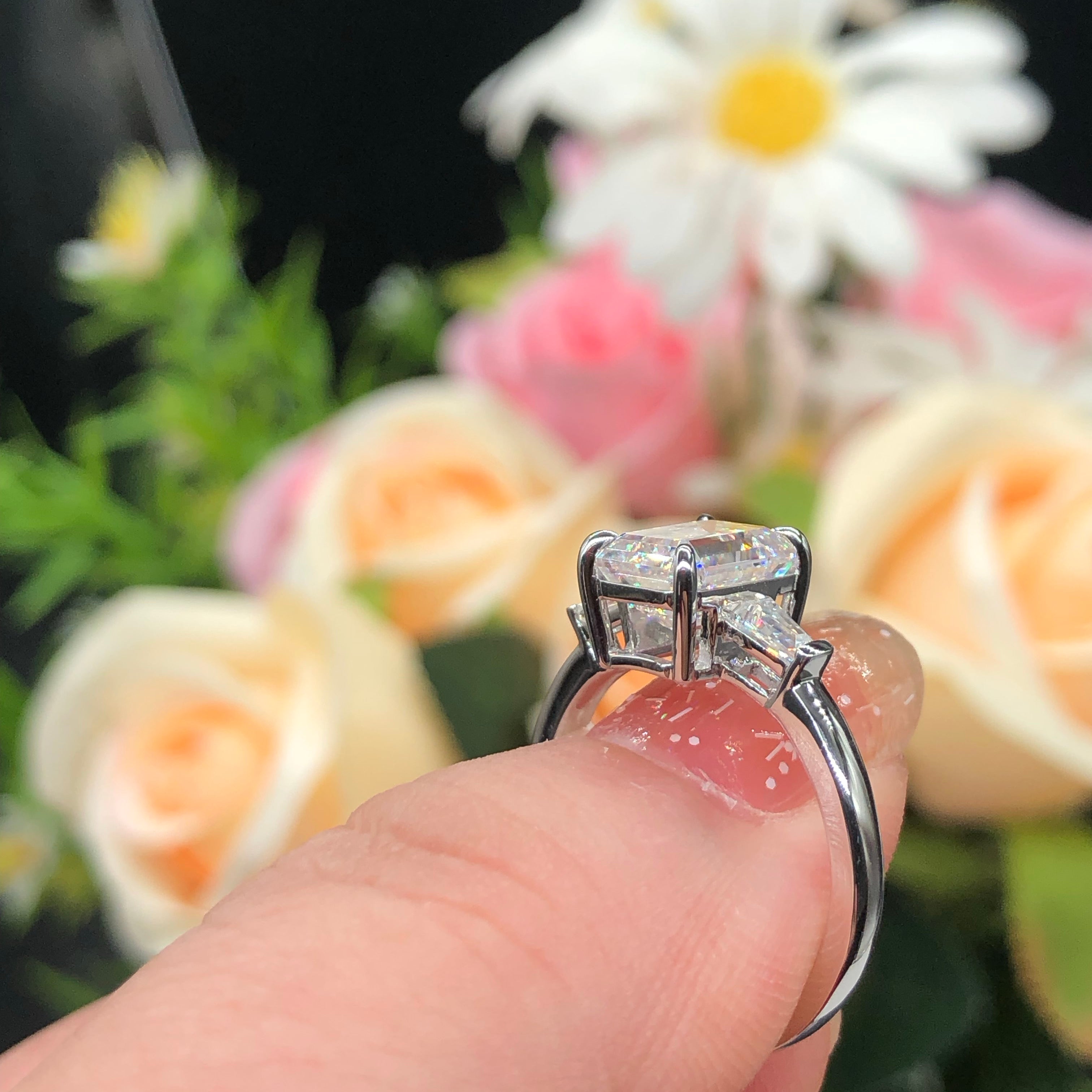 3.5tcw Emerald Lab Diamond Three Stone Engagement Ring | 3ct Center | IGI Certified