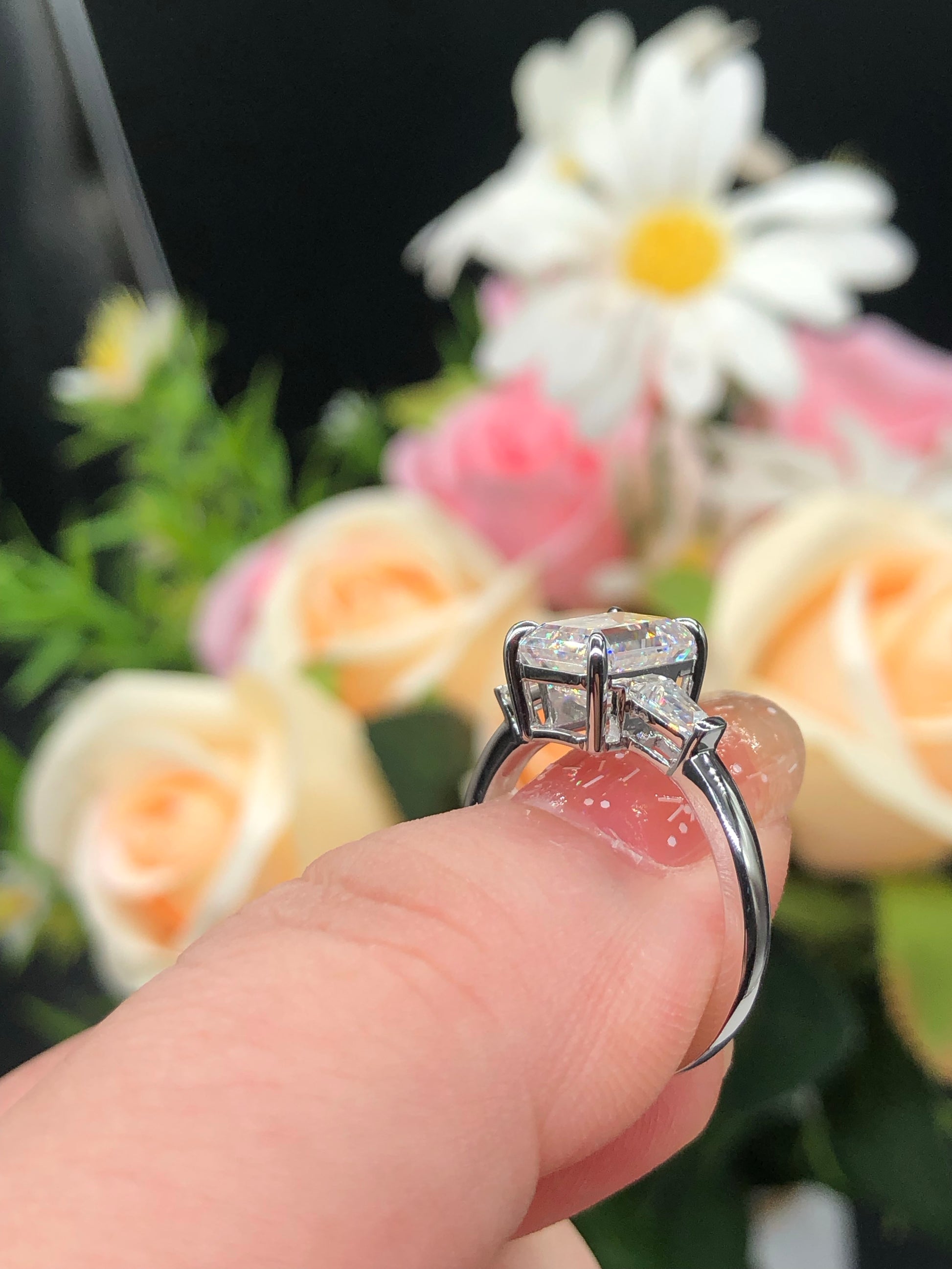 3.5tcw Emerald Lab Diamond Three Stone Engagement Ring | 3ct Center | IGI Certified