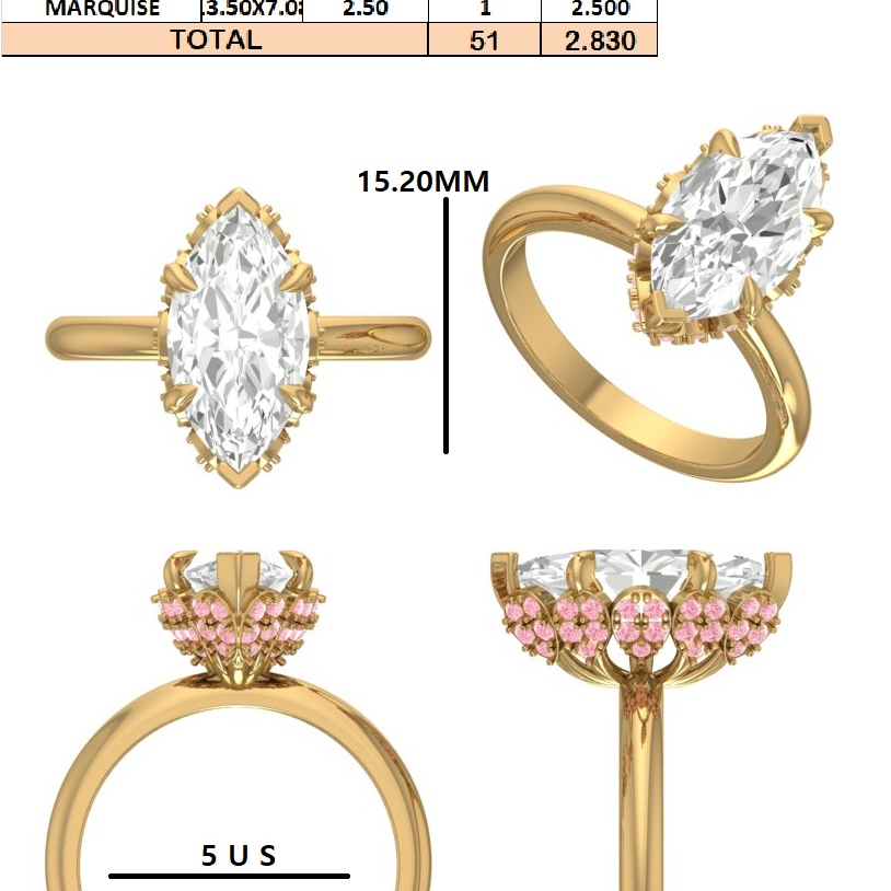 Custom order - Yahir Munoz |4 ct Marquise diamond | DE / VVS | 10K Yellow Gold | Ring Size: US 5 | Pink side stones