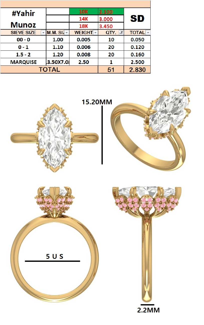 Custom order - Yahir Munoz |4 ct Marquise diamond | DE / VVS | 10K Yellow Gold | Ring Size: US 5 | Pink side stones