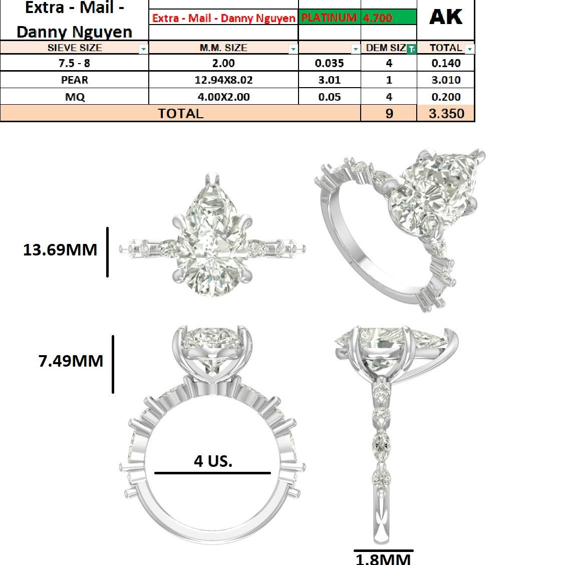 Custom Order - Danny Nguyen - Pear | 3.0-3.24ct | Platinum Metal | Engagement Ring