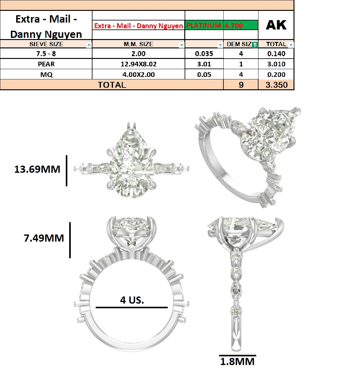 Custom Order - Danny Nguyen - Pear | 3.0-3.24ct | Platinum Metal | Engagement Ring