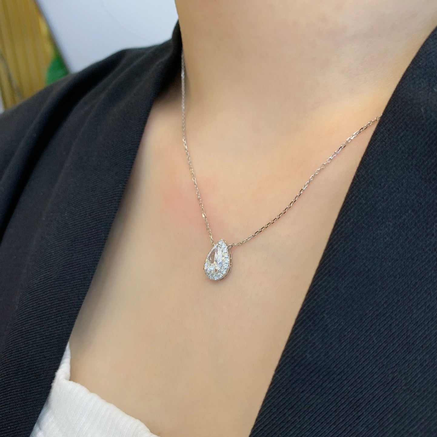 Pear 0.85tcw Lab Grown Diamond Halo Style Necklace, D-E-F Color, VVS-VS Clarity - IGI Certified Necklace