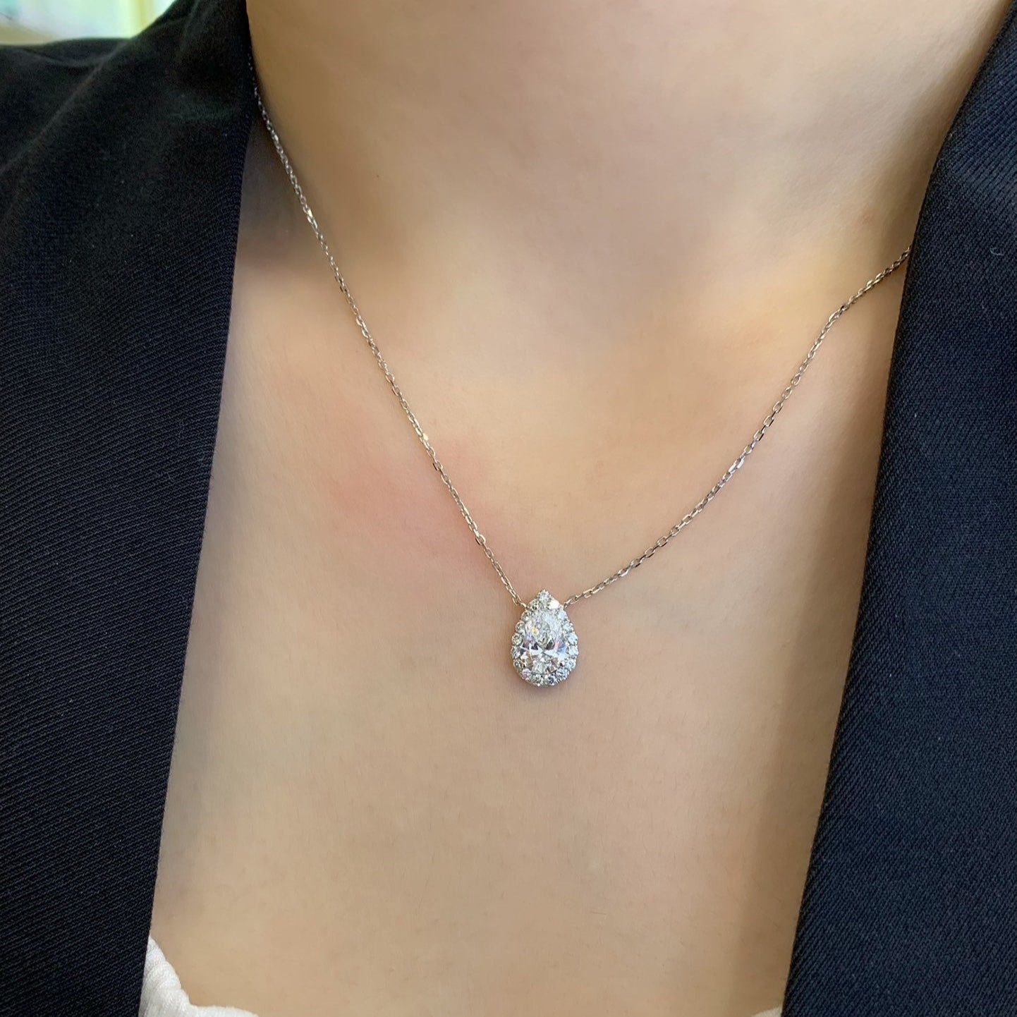 Pear 0.85tcw Lab Grown Diamond Halo Style Necklace, D-E-F Color, VVS-VS Clarity - IGI Certified Necklace