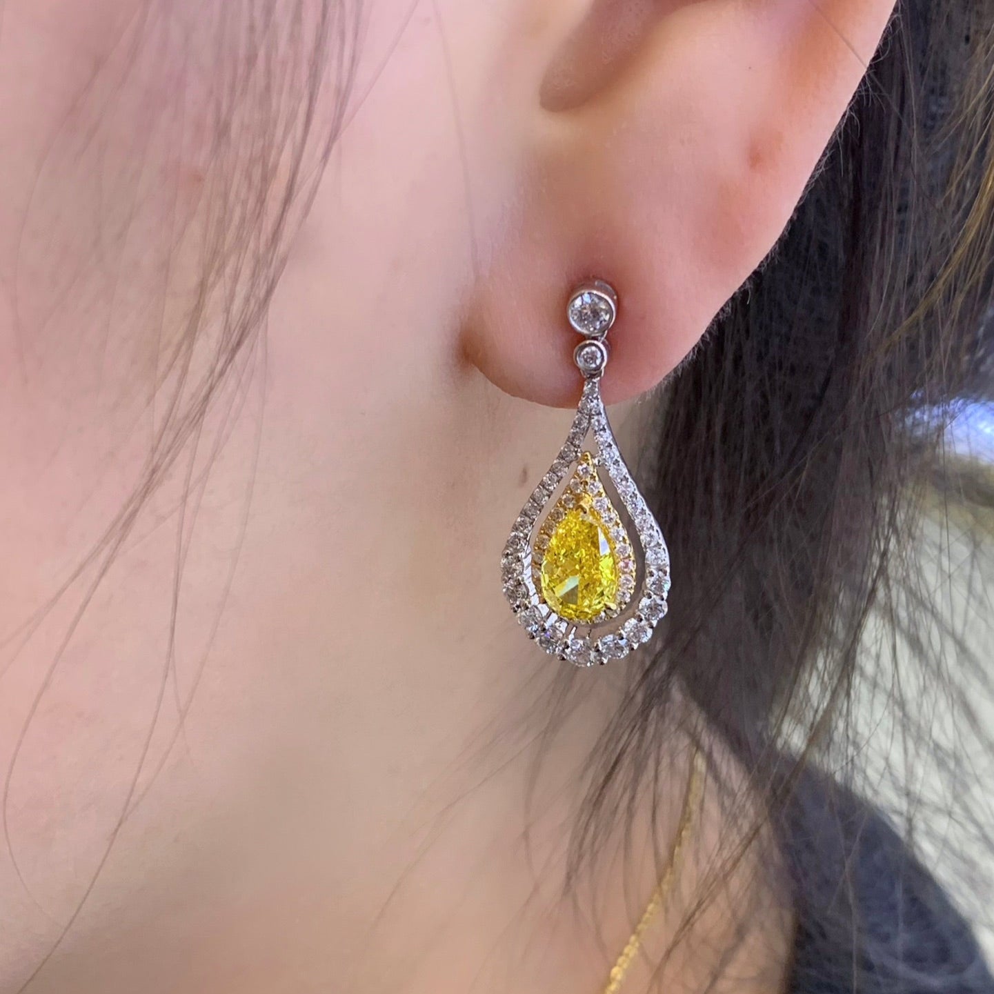 Pear 4.10tcw Fancy Yellow Lab Grown Diamond, Two Tone Double halo Earring, VS Clarity