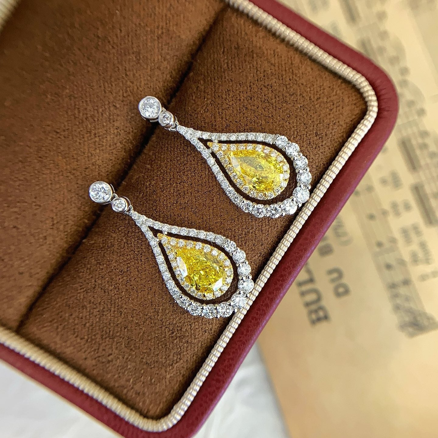 Pear 4.10tcw Fancy Yellow Lab Grown Diamond, Two Tone Double halo Earring, VS Clarity