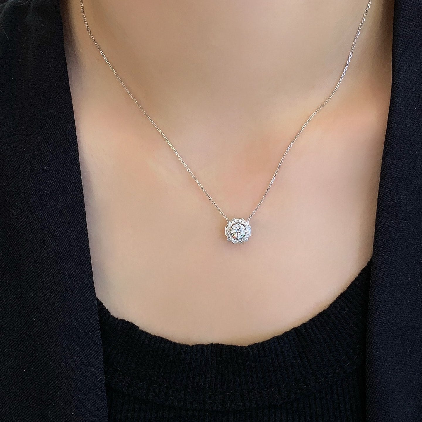 Round 0.65tcw Lab Grown Diamond Vintage Halo Necklace, D-E-F Color, VVS-VS Clarity - IGI Certificate