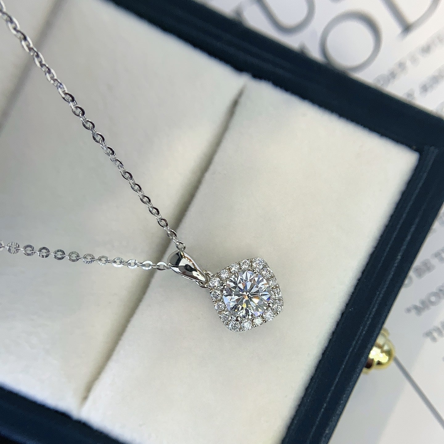 Round 0.95tcw Lab Grown Diamond Square Shape Halo Style Pendant Necklace, D-E-F Color, VVS-VS Clarity