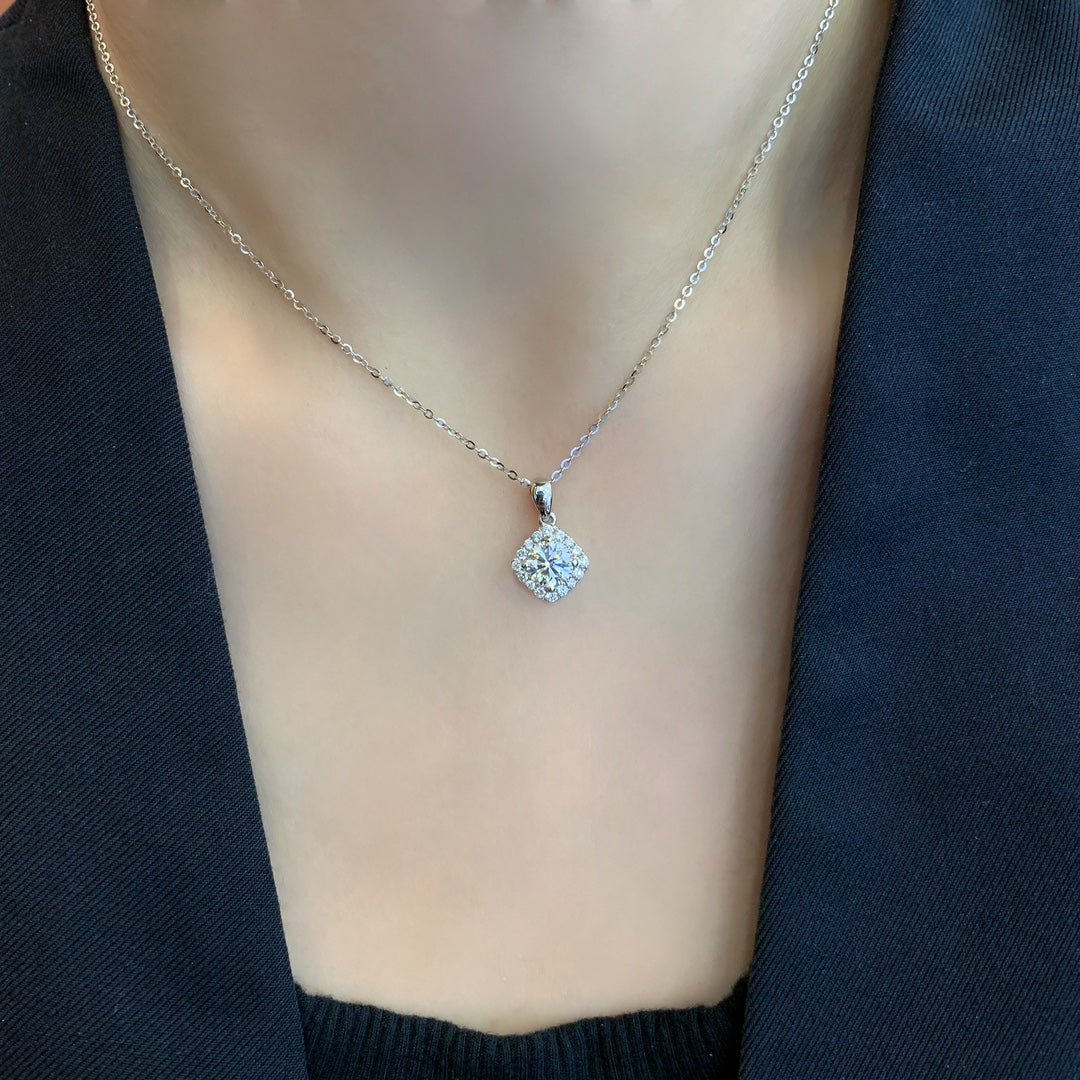 Round 0.95tcw Lab Grown Diamond Square Shape Halo Style Pendant Necklace, D-E-F Color, VVS-VS Clarity
