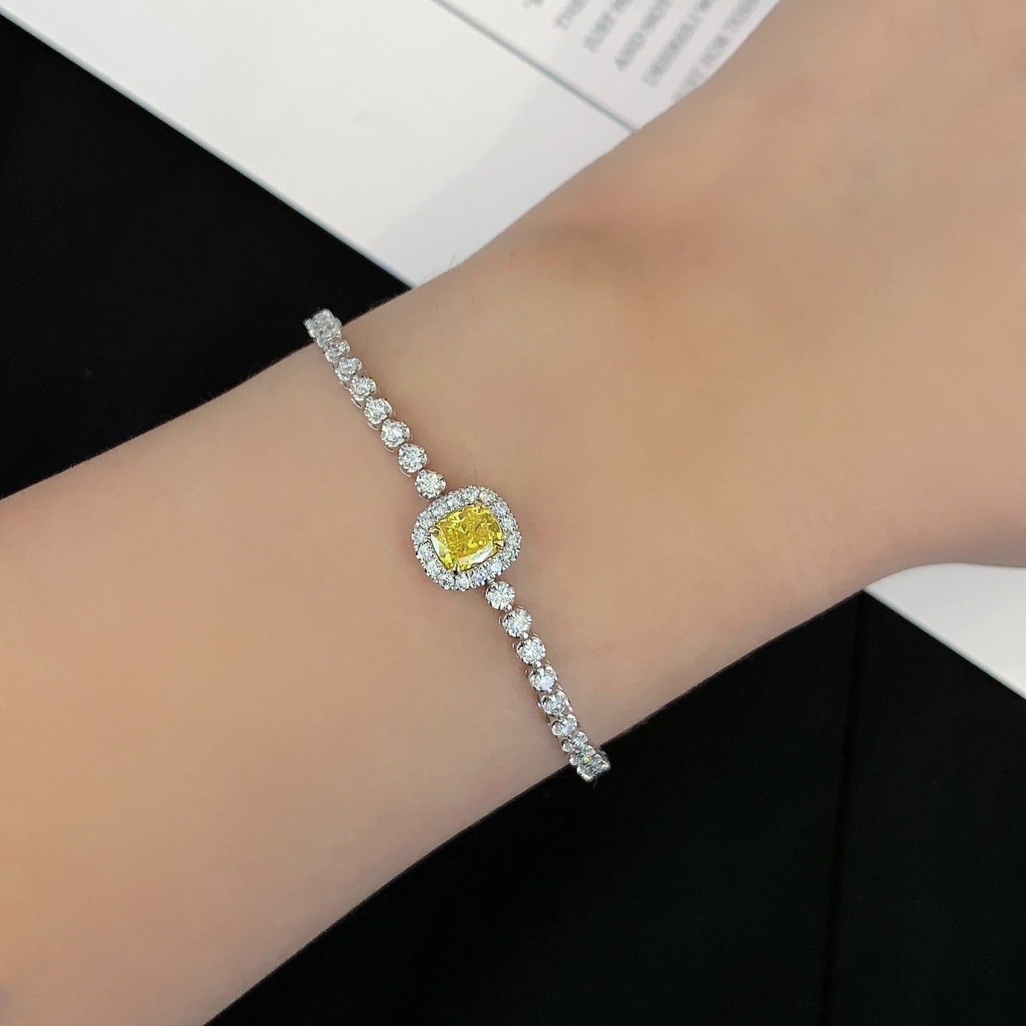 Cushion 1.80tcw Fancy Yellow Lab Grown Diamond Round White Halo Side Stone Bracelet, VS Clarity, IGI Certified Bracelet