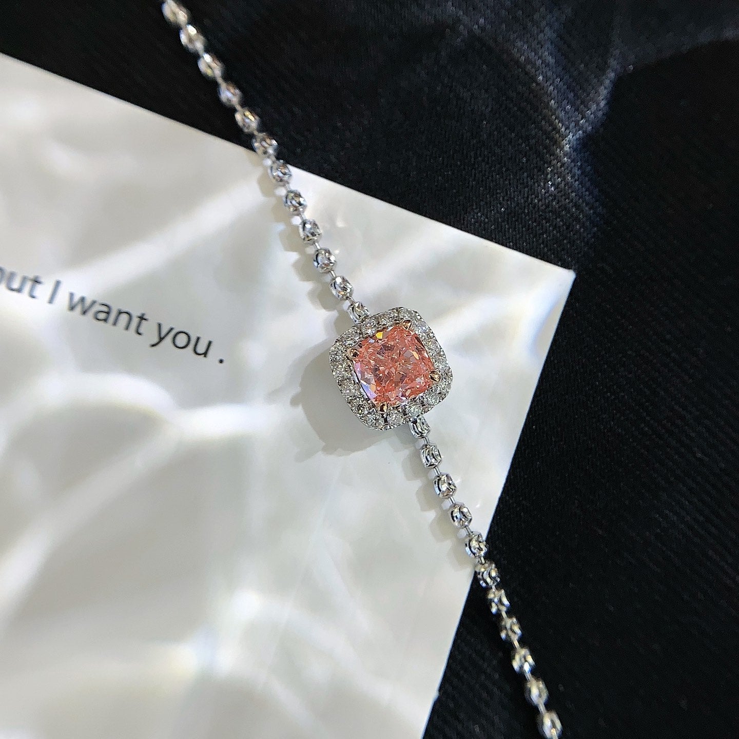 SQ.Cushion 0.70tcw Fancy Pink Lab Grown Diamond Round White Halo Set Bracelet, VS Clarity - IGI Certified Bracelet