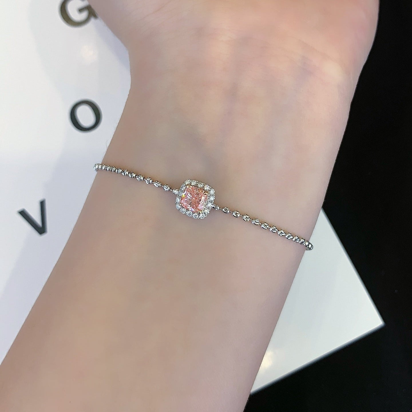 SQ.Cushion 0.70tcw Fancy Pink Lab Grown Diamond Round White Halo Set Bracelet, VS Clarity - IGI Certified Bracelet