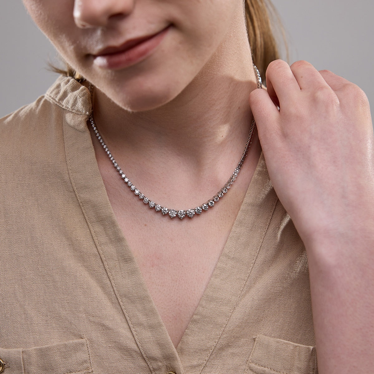 Round Lab Grown Diamond Tennis Necklace, EF Color, VS Clarity, IGI Certified