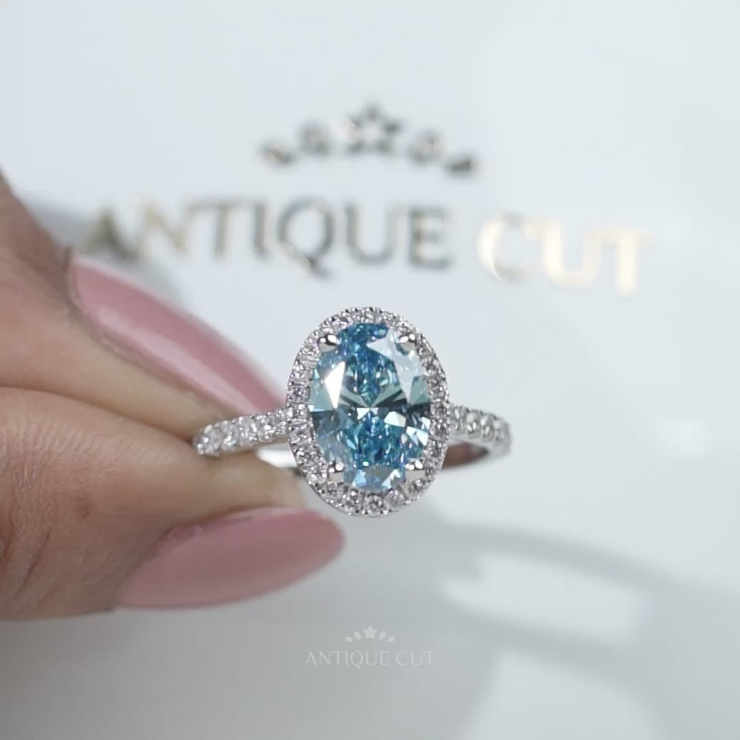 White Gold Fancy Blue Diamond Engagement Ring Oval Halo