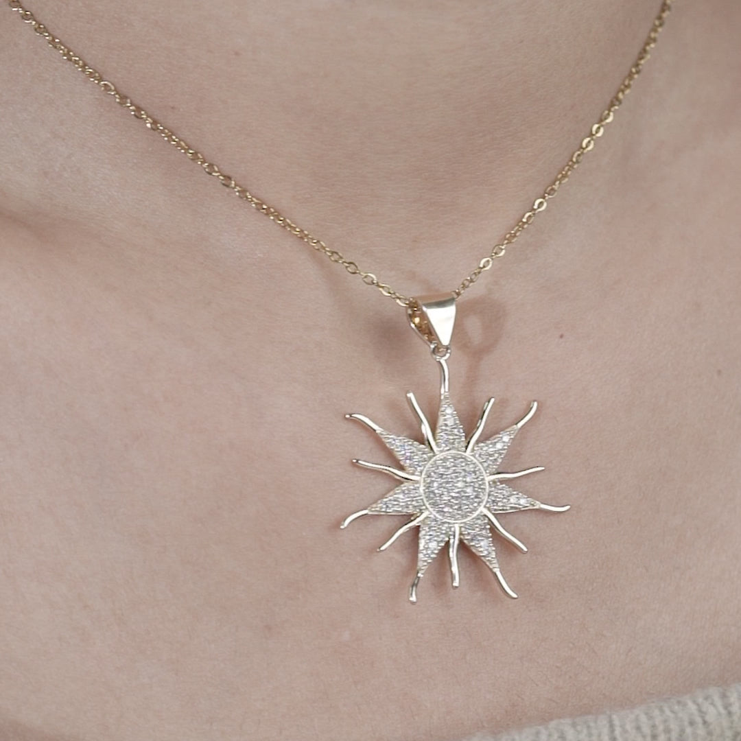 Yellow gold round diamond pendant with sunburst design