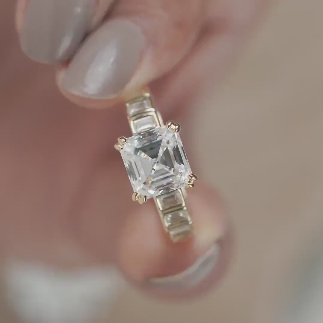 Lab Grown Asscher Cut Yellow Gold Engagement Ring With Baguette Side Stones