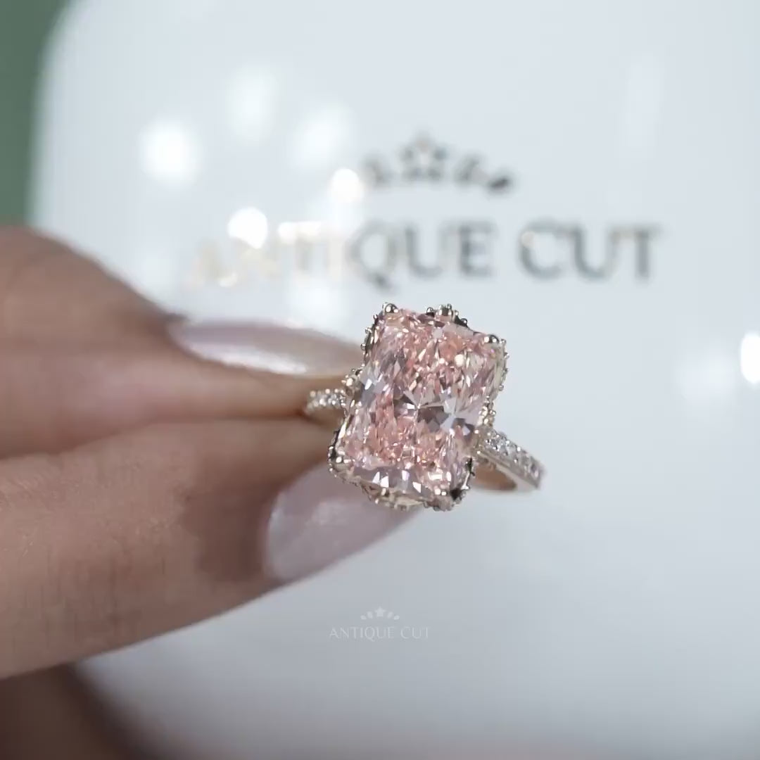 IGI certified pink radiant cut diamond ring pave band