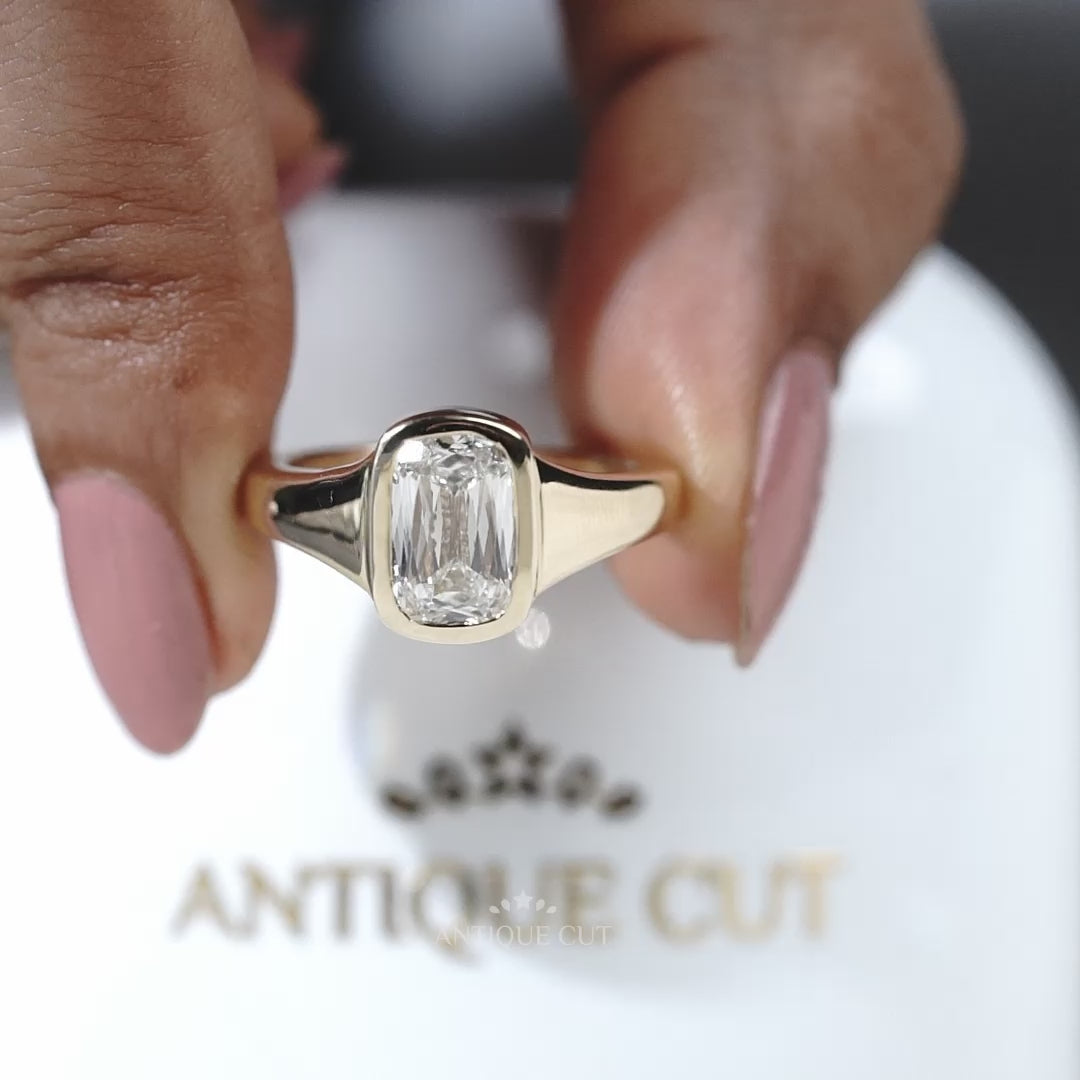 Yellow gold old mine elongated cushion diamond engagement ring