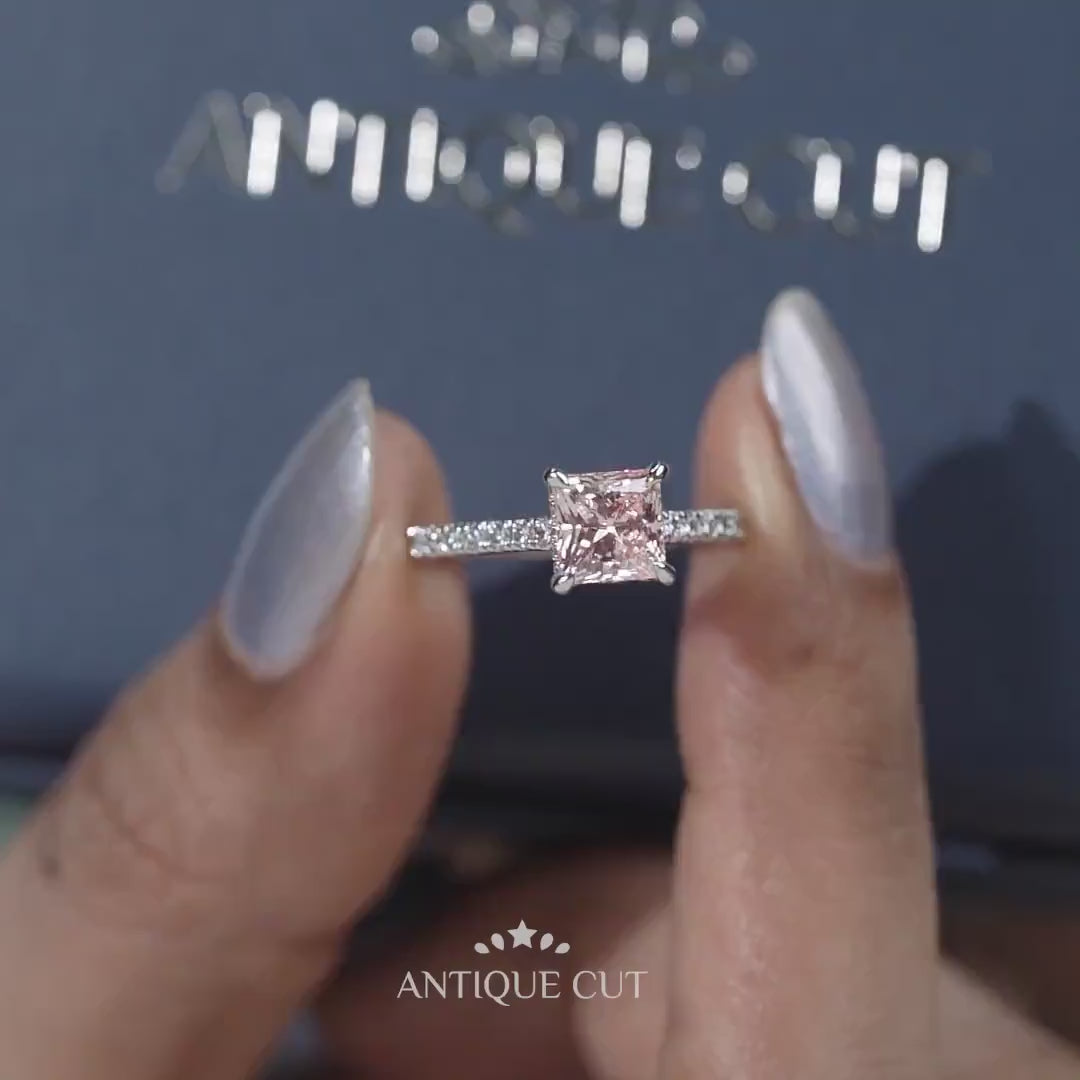 White gold princess diamond ring with pave band