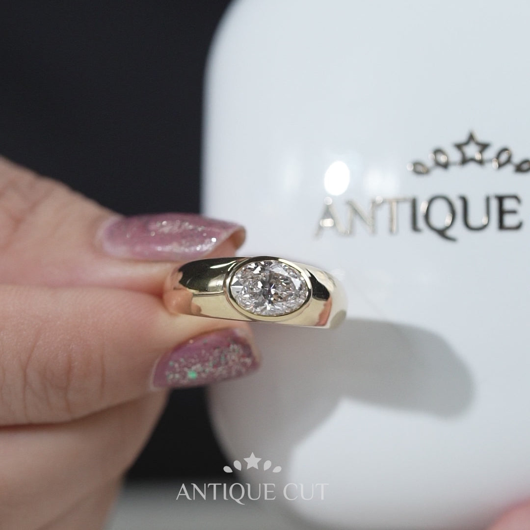 Yellow gold ring with horizontal oval lab grown diamond