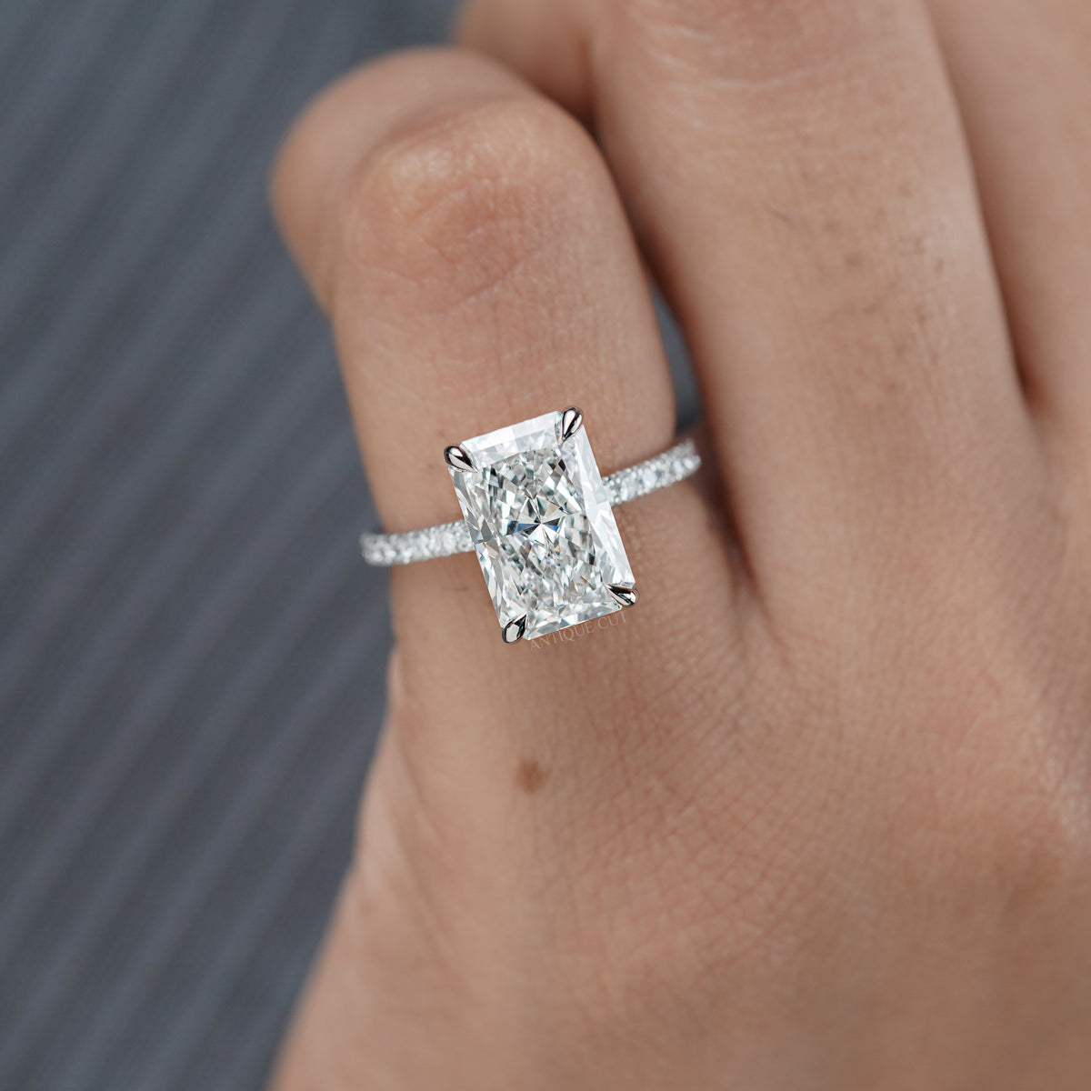 Lab Grown Hidden Halo Radiant Diamond Engagement Ring with Pave Band