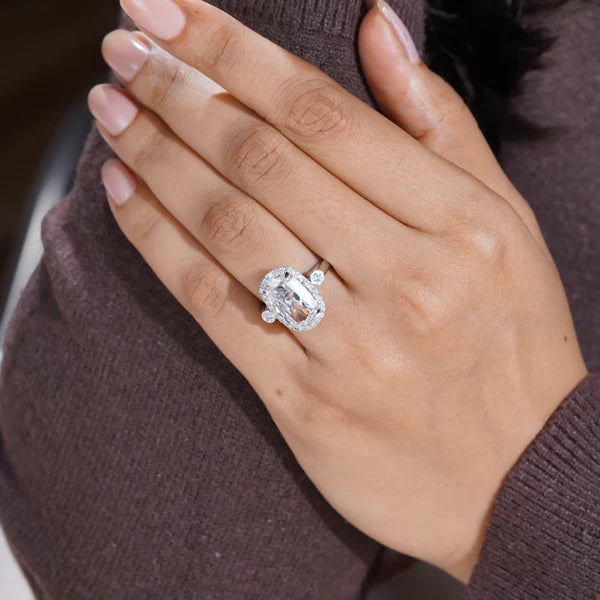 White gold old mine elongated cushion halo engagement ring