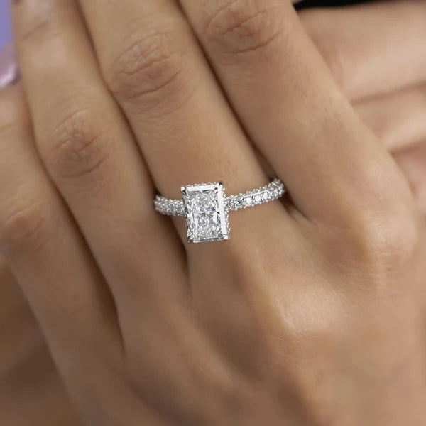 White gold radiant diamond ring with hidden halo