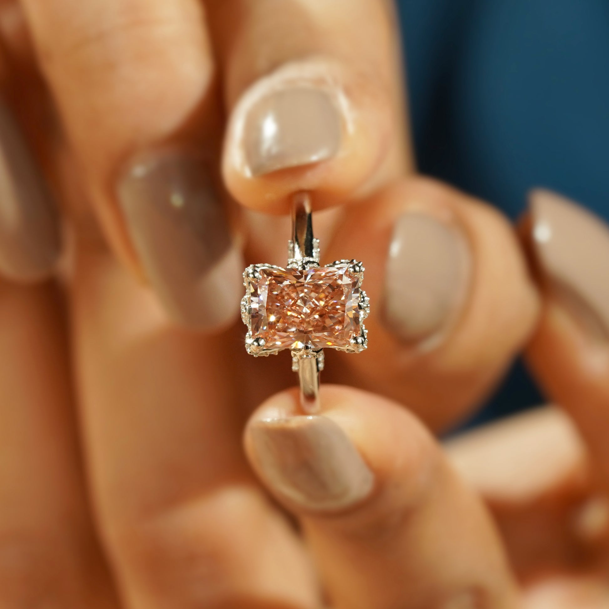 White gold pink radiant diamond engagement ring hidden stone