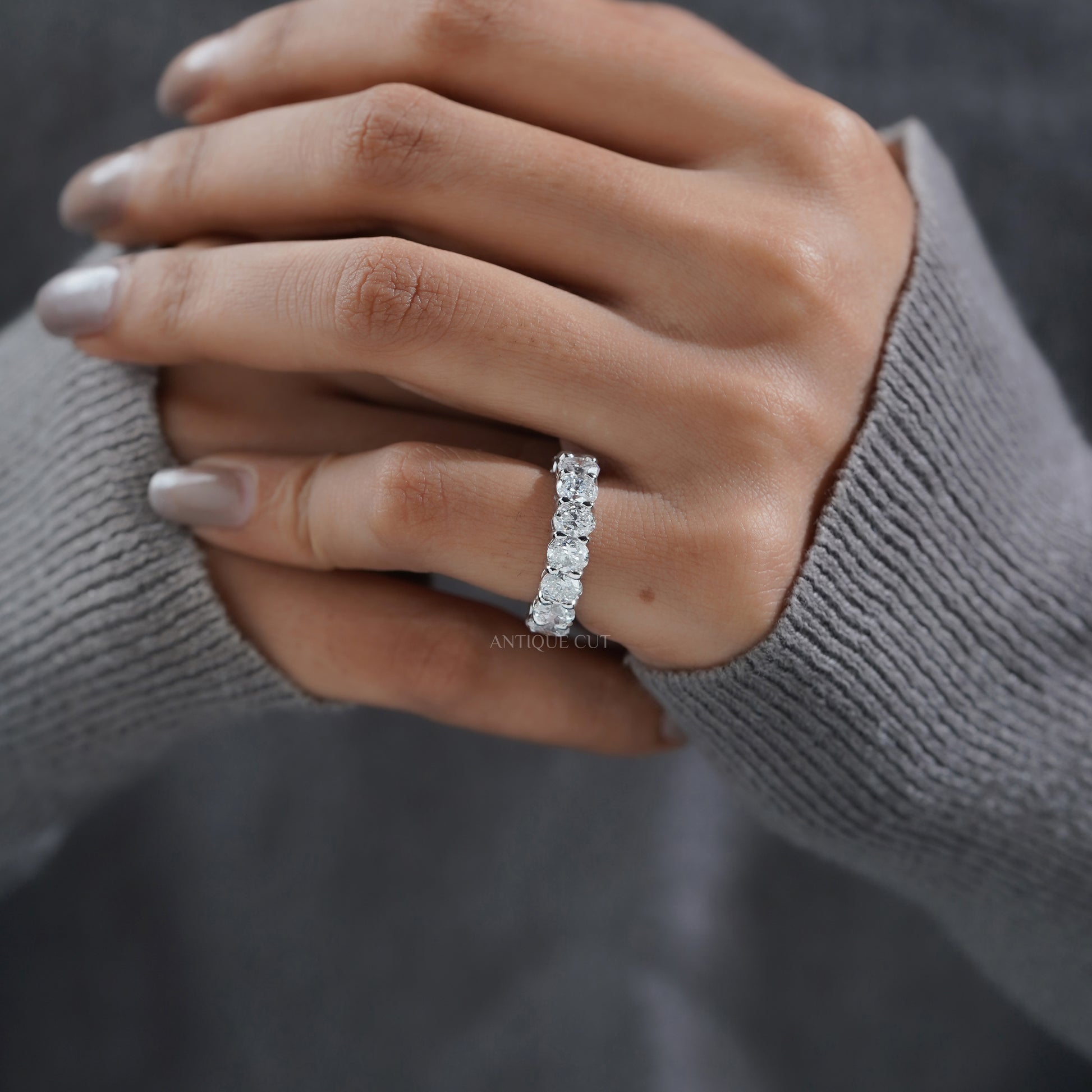 Video showing a white gold lab grown diamonds eternity band with IGI certified diamonds, highlighting the full diamond setting and craftsmanship.