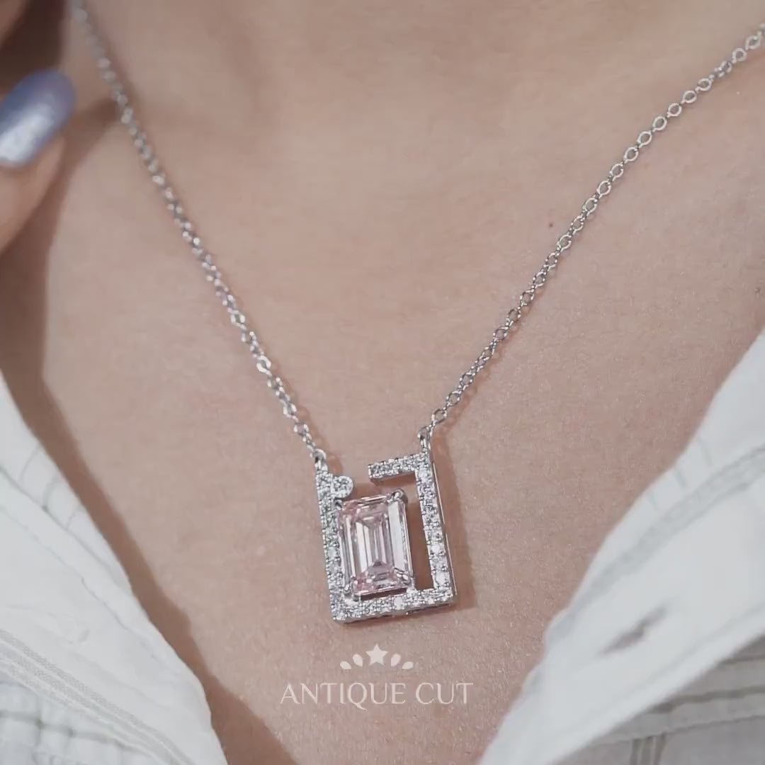 White gold emerald modern frame diamond pendant
