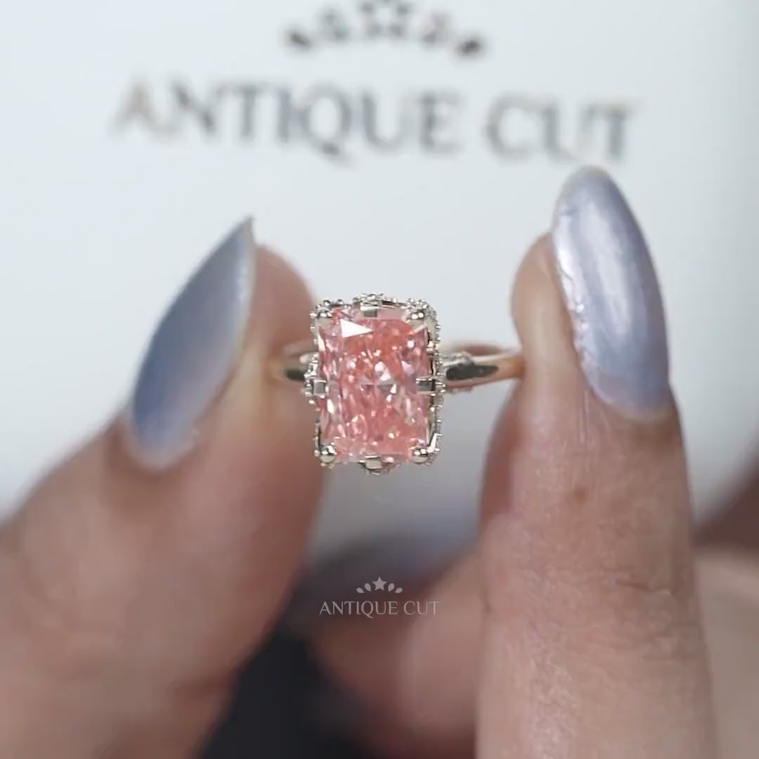 Yellow gold radiant cut pink diamond engagement ring