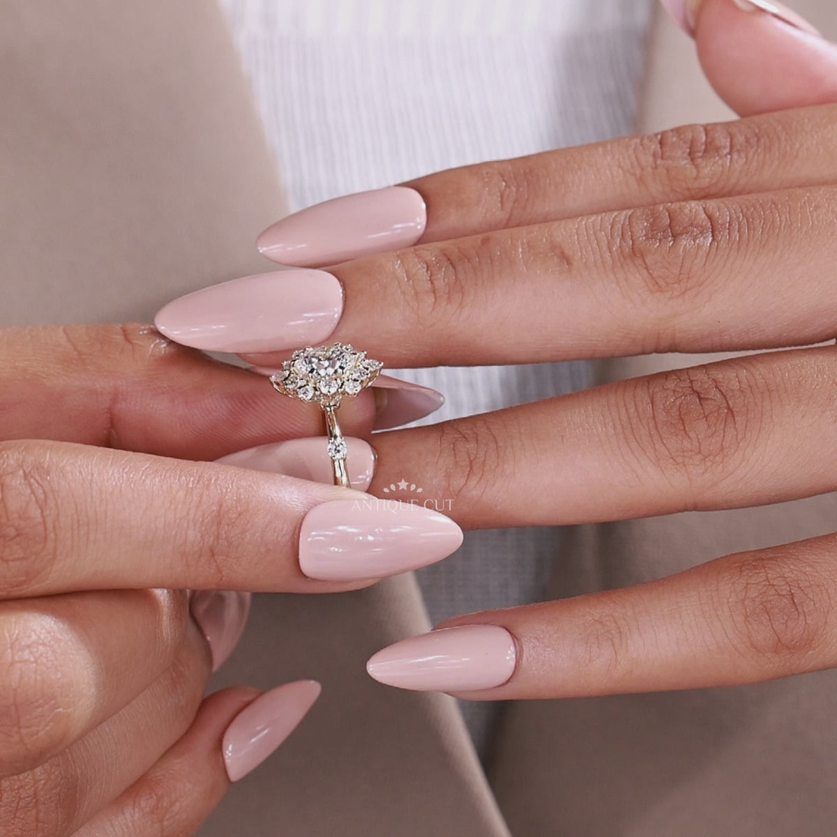 Starburst Halo Round Lab Grown Diamond Ring with accent diamonds