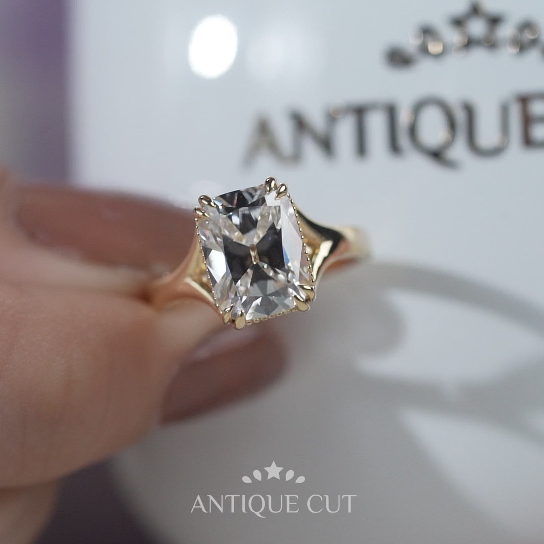 Split shank old mine cushion diamond ring yellow gold