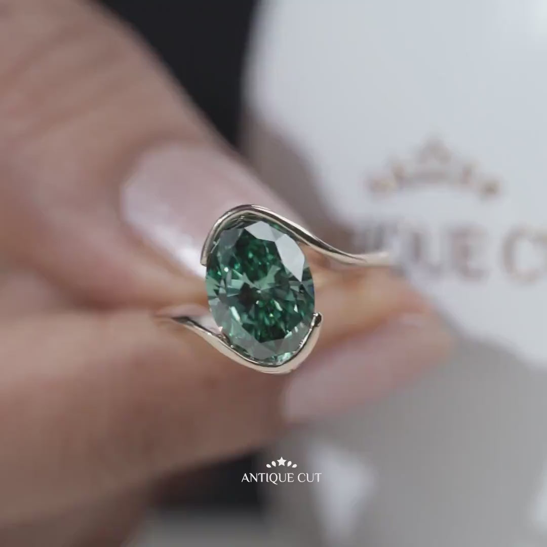 Antiquecut lab grown green oval diamond engagement ring