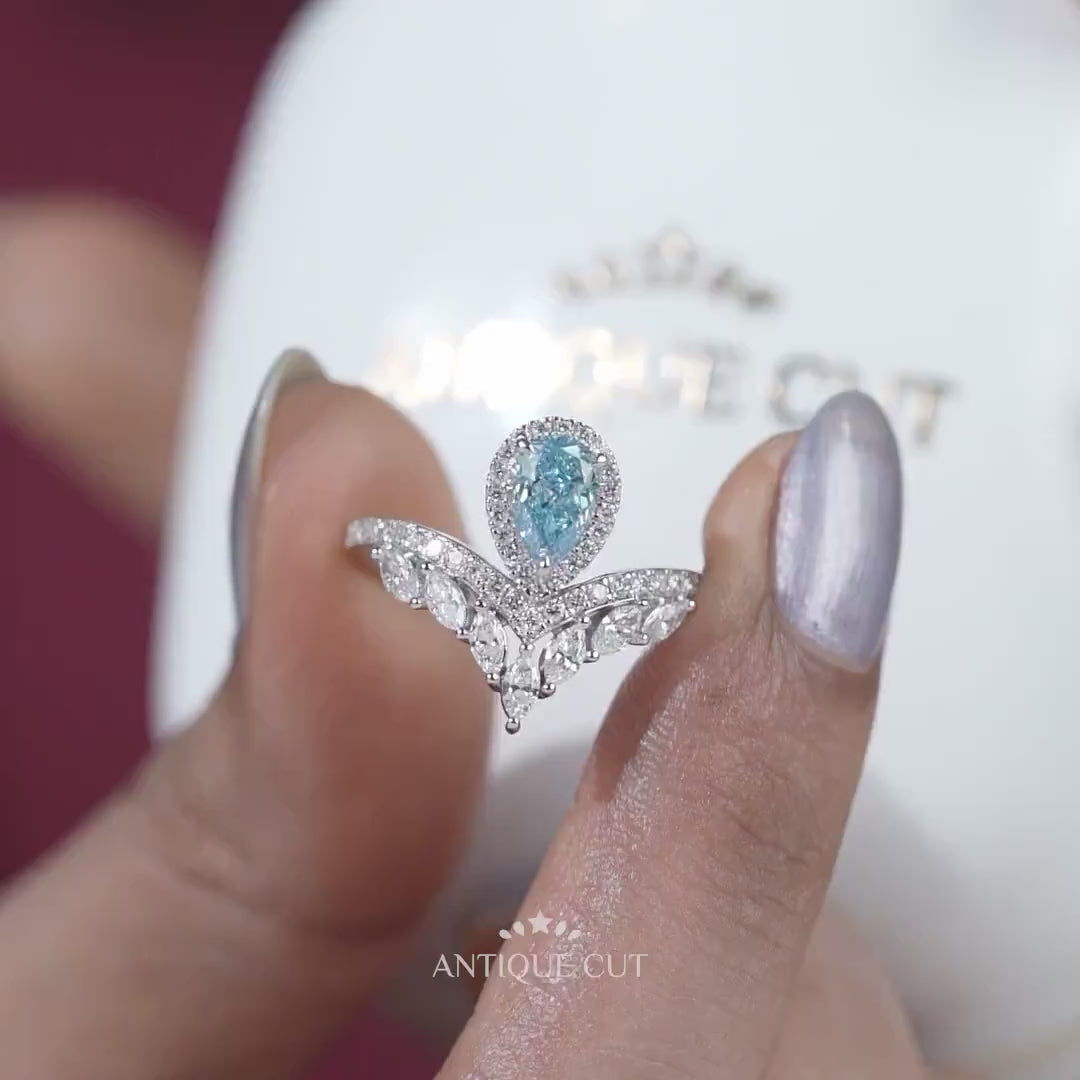 Antiquecut lab grown pear cut blue diamond ring