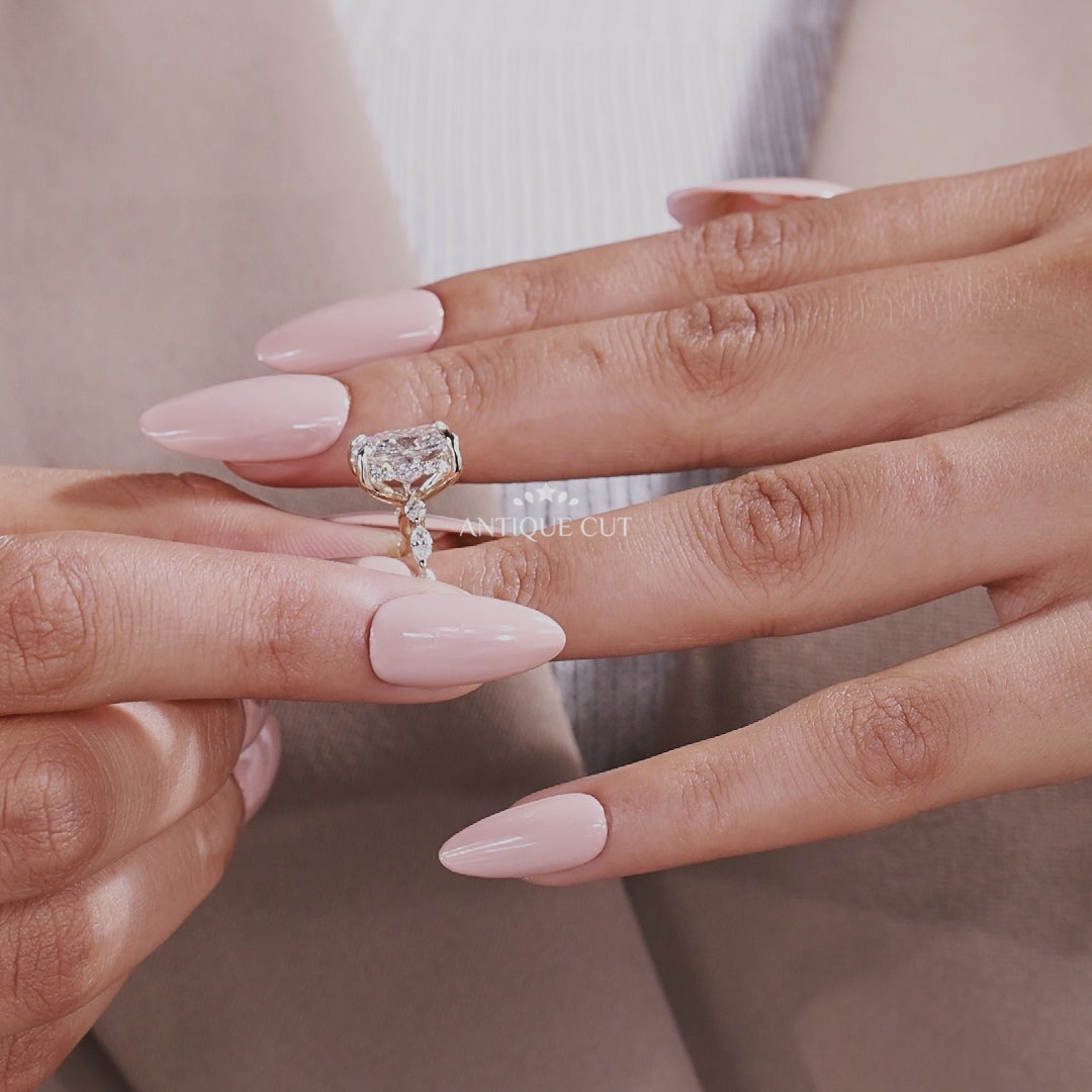 Cushion cut lab grown diamond engagement ring with hidden halo setting