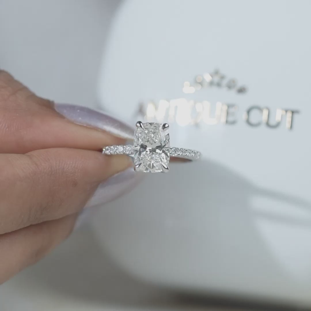Lab grown cushion cut pave engagement ring