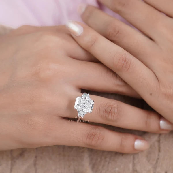 Lab grown radiant cut diamond ring with side trapezoid diamonds