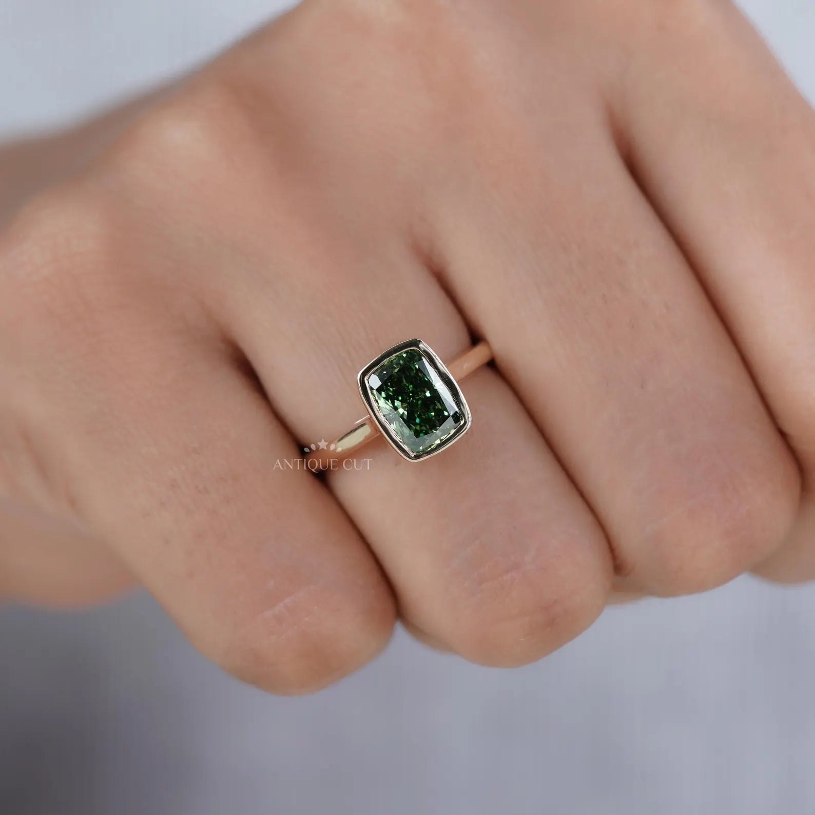 IGI certified green cushion diamond ring bezel setting