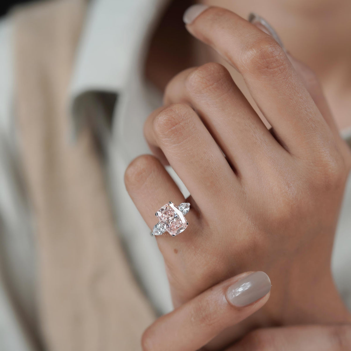 Lab Grown Cushion Cut Pink Diamond Engagement Ring with Pear Side Stones