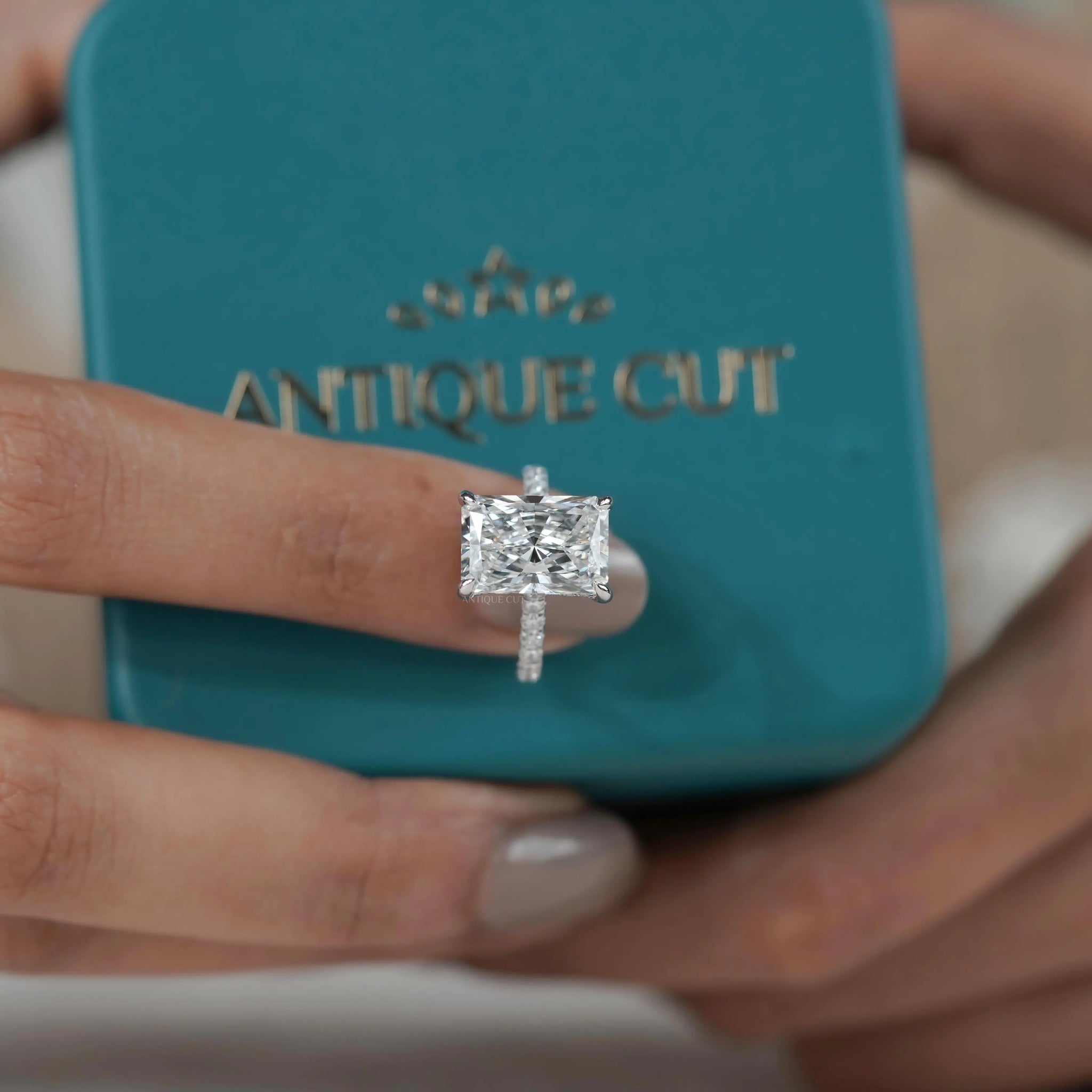 Lab Grown Hidden Halo Radiant Diamond Engagement Ring with Pave Band