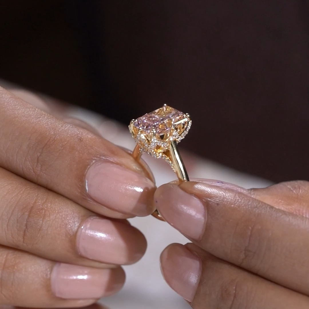 Yellow gold pink radiant diamond engagement ring hidden stone