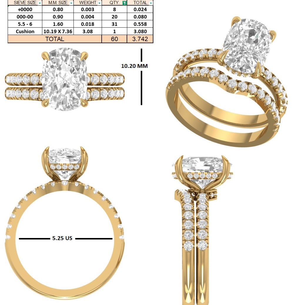 Custom order - 3.08ct E VVS2 cushion lab grown diamond ring with matching band | 14kt yellow gold | 5.25 US
