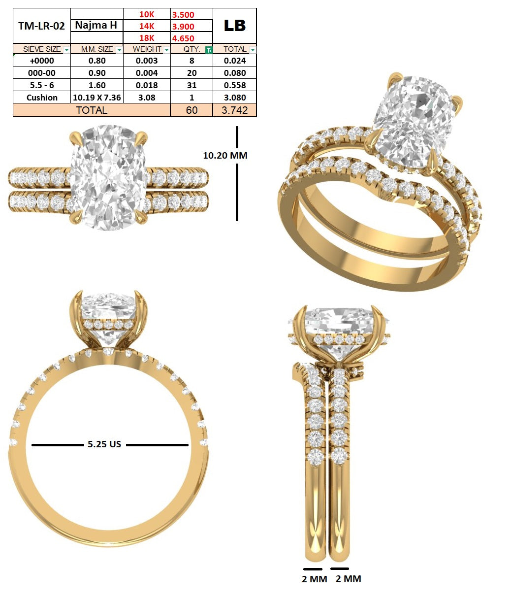 Custom order - 3.08ct E VVS2 cushion lab grown diamond ring with matching band | 14kt yellow gold | 5.25 US