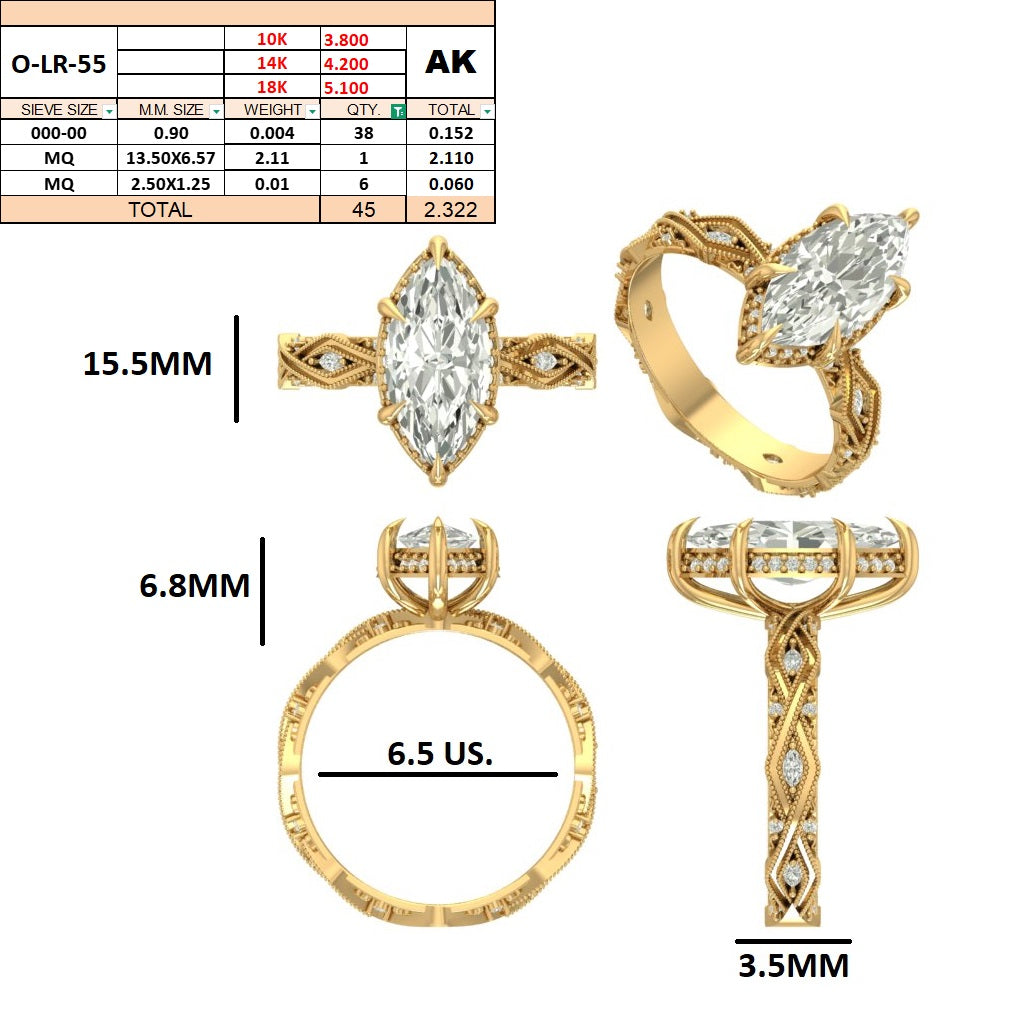 Custom order - 2.3tcw F VVS Marquise lab grown diamond ring | 14kt yellow gold | 6.5 US
