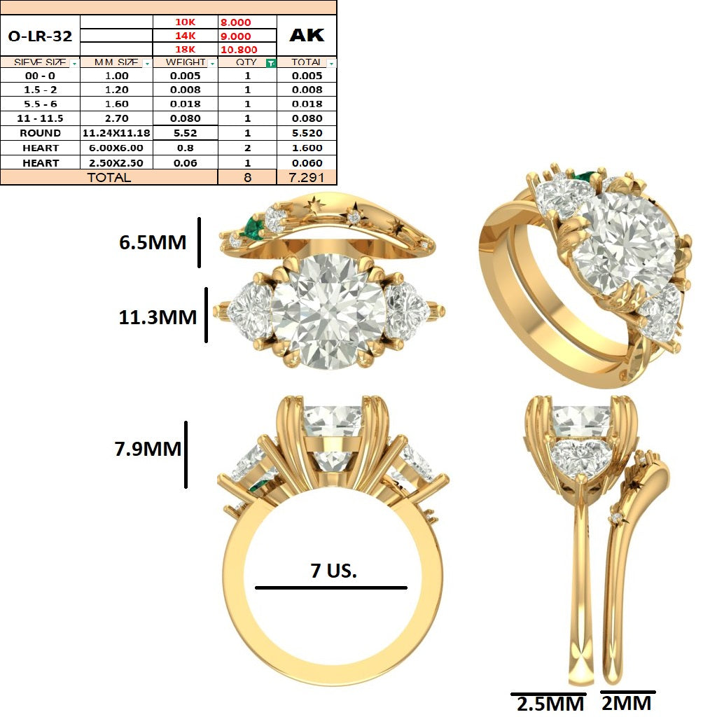 5.52 Carat E VVS2 Round Diamond Three-Stone Ring with Heart Side Stones and Matching Green Heart Band in 14K Yellow Gold