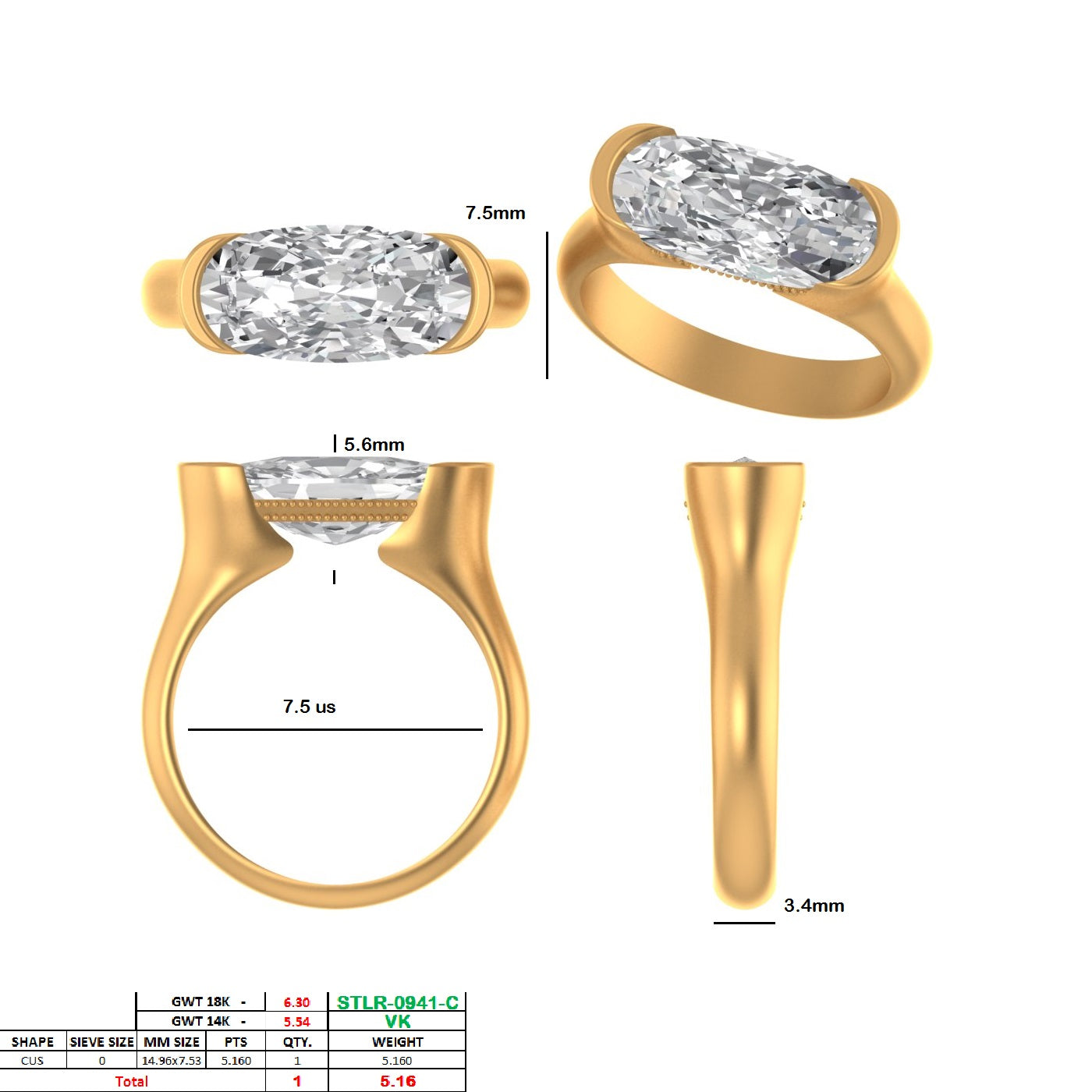 5.16 F VVS2 Elongated cushion lab grown diamond ring