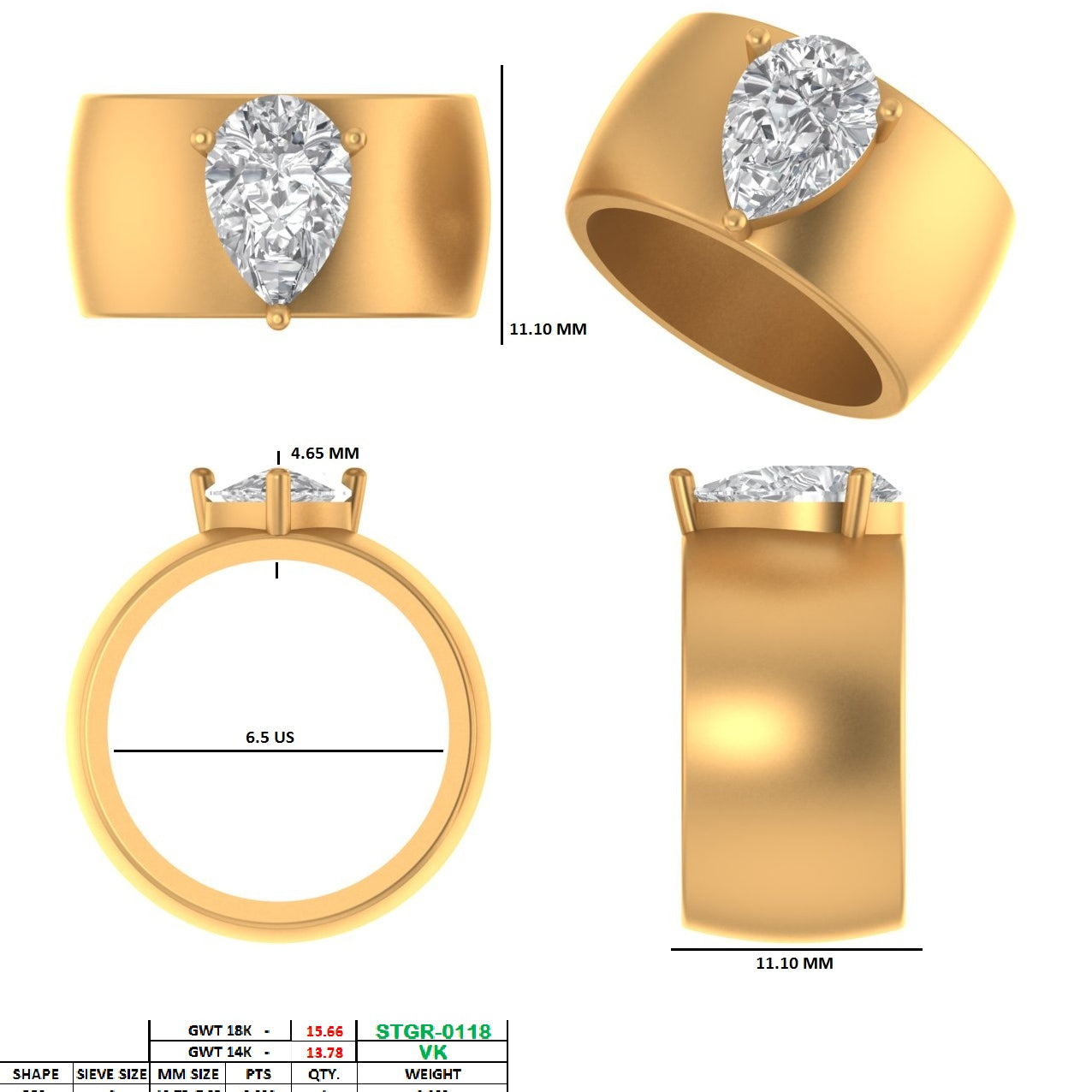 Custom design ring : 3.06 ct pear ring in 14k yellow gold